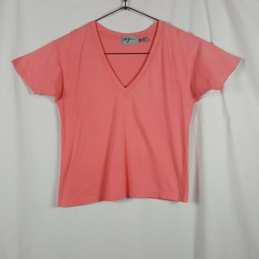 Vtg 80s My Brand Womens T-Shirt M Pink Deep V-Neck